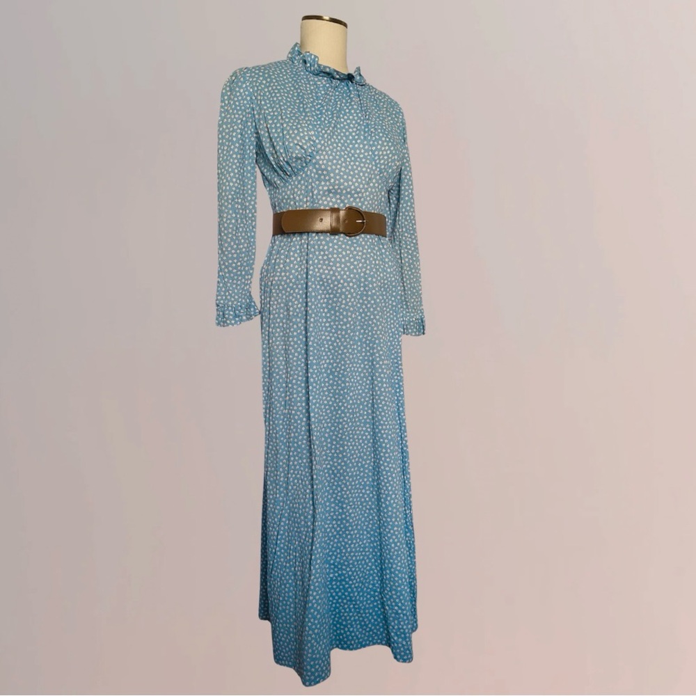 🔥SOLD🔥VINTAGE Handmade Blue Maxi Prairie Dress with Mini Psychedelic Flowers